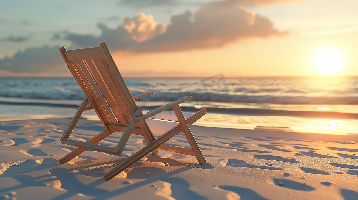 沙滩躺椅大海日落高清摄影图图片