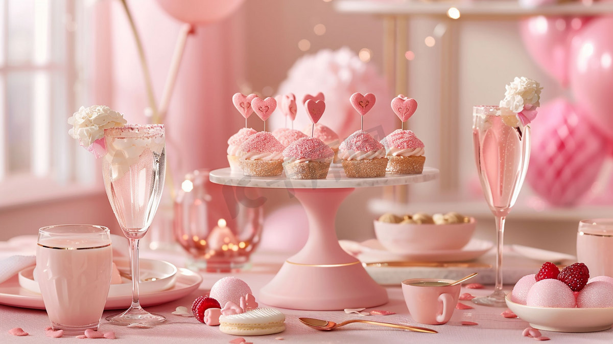 粉色爱心甜品立体描绘摄影照片图片