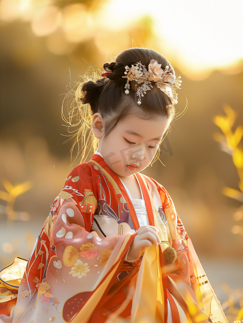 汉服女孩下午儿童户外站低头摄影图图片