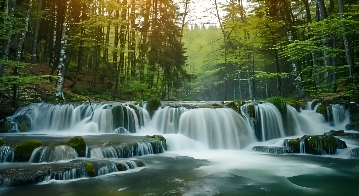 森林瀑布溪水树林自然风景AI图片