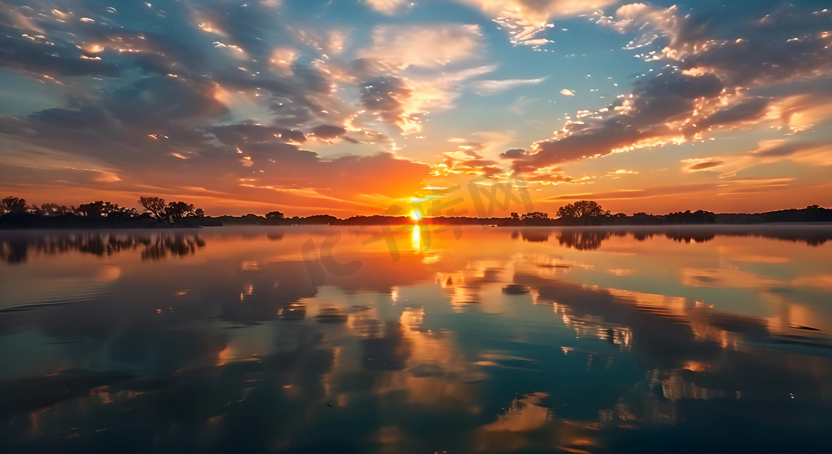 日出日落黄昏夕阳湖面天空美景AI图片