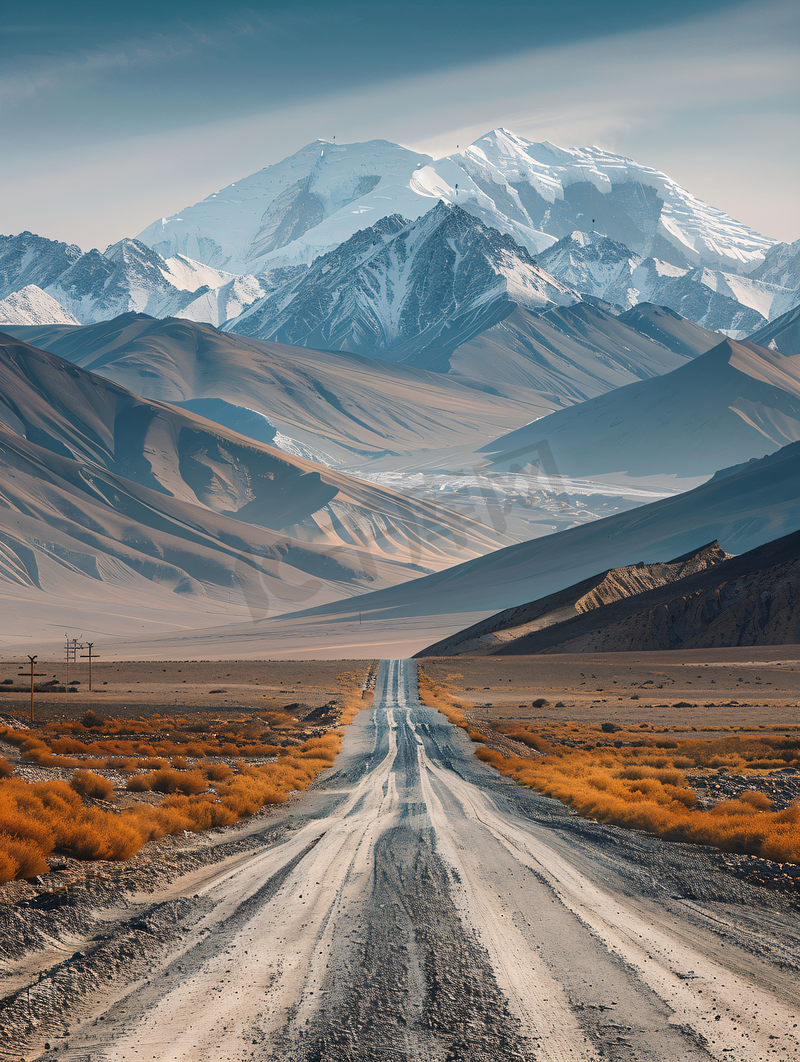 新疆喀什帕米尔高原的公路和雪山摄影图图片