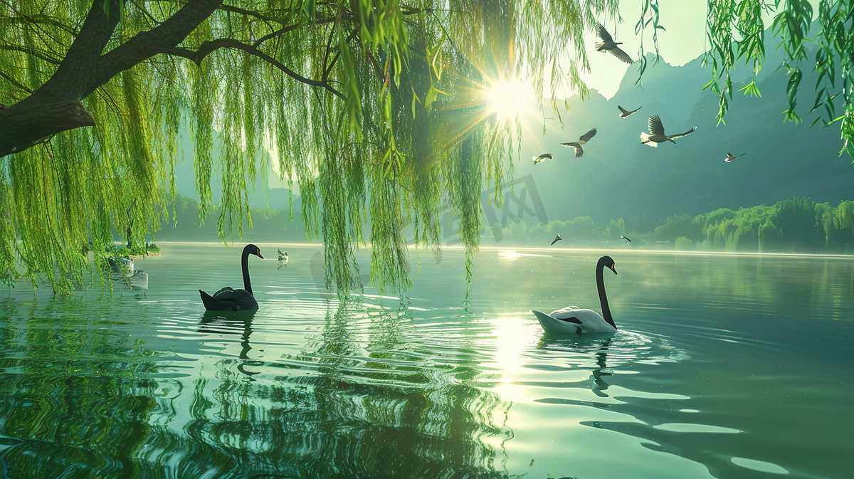 翠柳下的湖泊里的天鹅图片图片