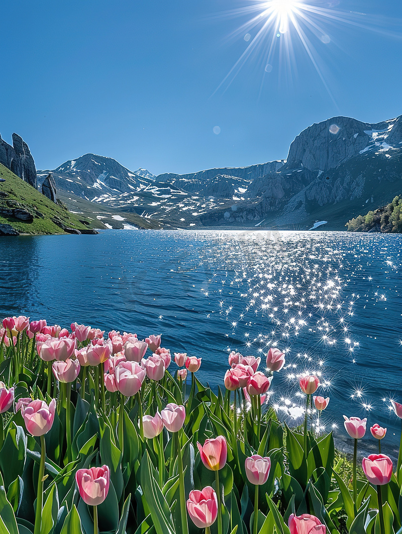 青山环绕的湖泊郁金香花开摄影配图图片
