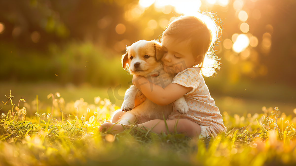 草坪上抱着狗狗的儿童1图片