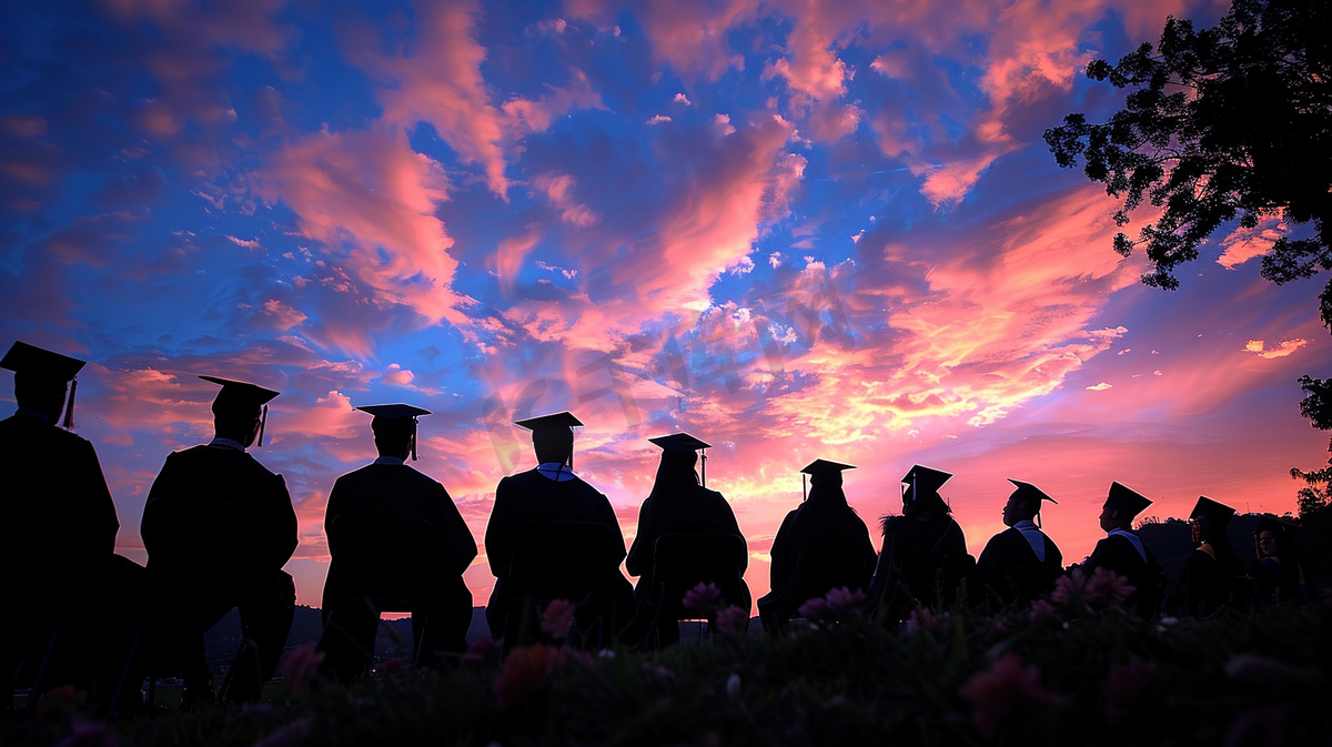 黄昏彩霞天空下的一群毕业生背影图片图片