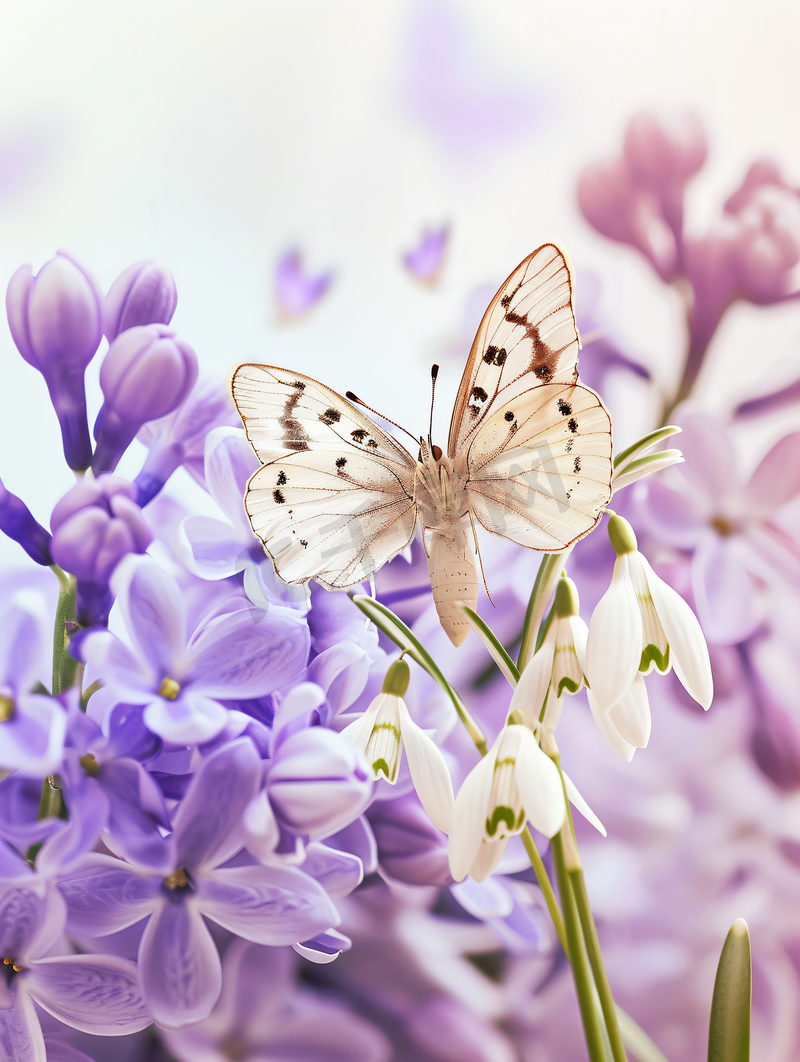 春天的花朵丁香和雪花莲孤立在白色背景蝴蝶图片
