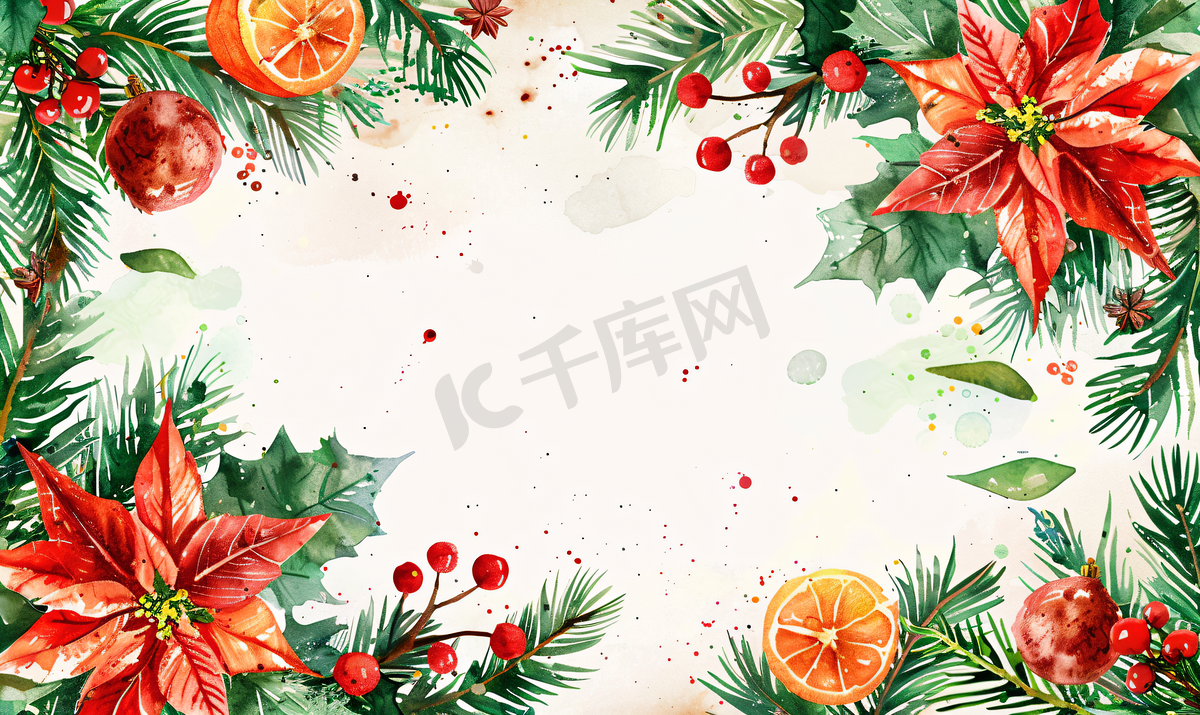 圣诞水彩画框配有松树、一品红、橙子和冬季香料图片