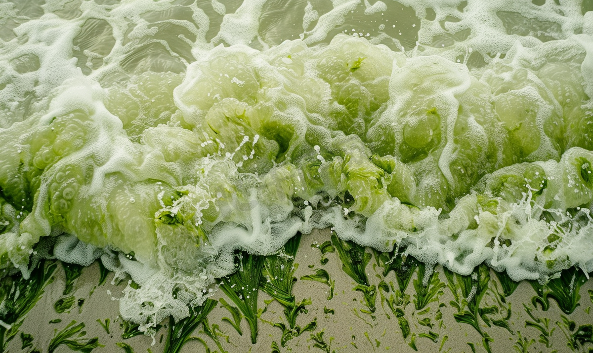 泡沫波和沙子大风天藻类产生的翡翠波图片