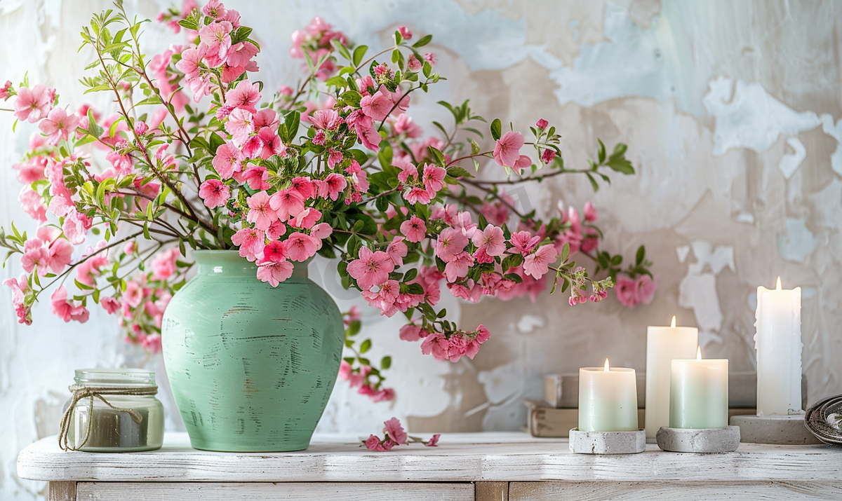绿色花瓶里美丽的粉红色花朵和白色木制马桶上的蜡烛图片