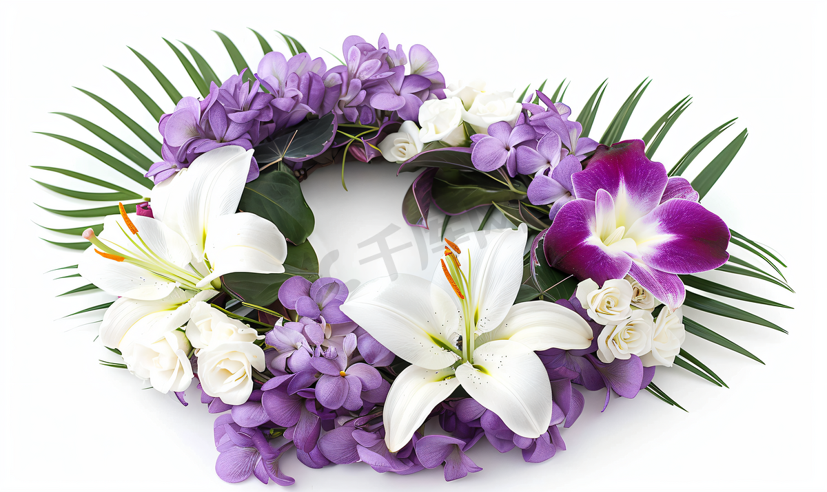 带白百合和紫罗兰小苍兰的热带心形花环图片
