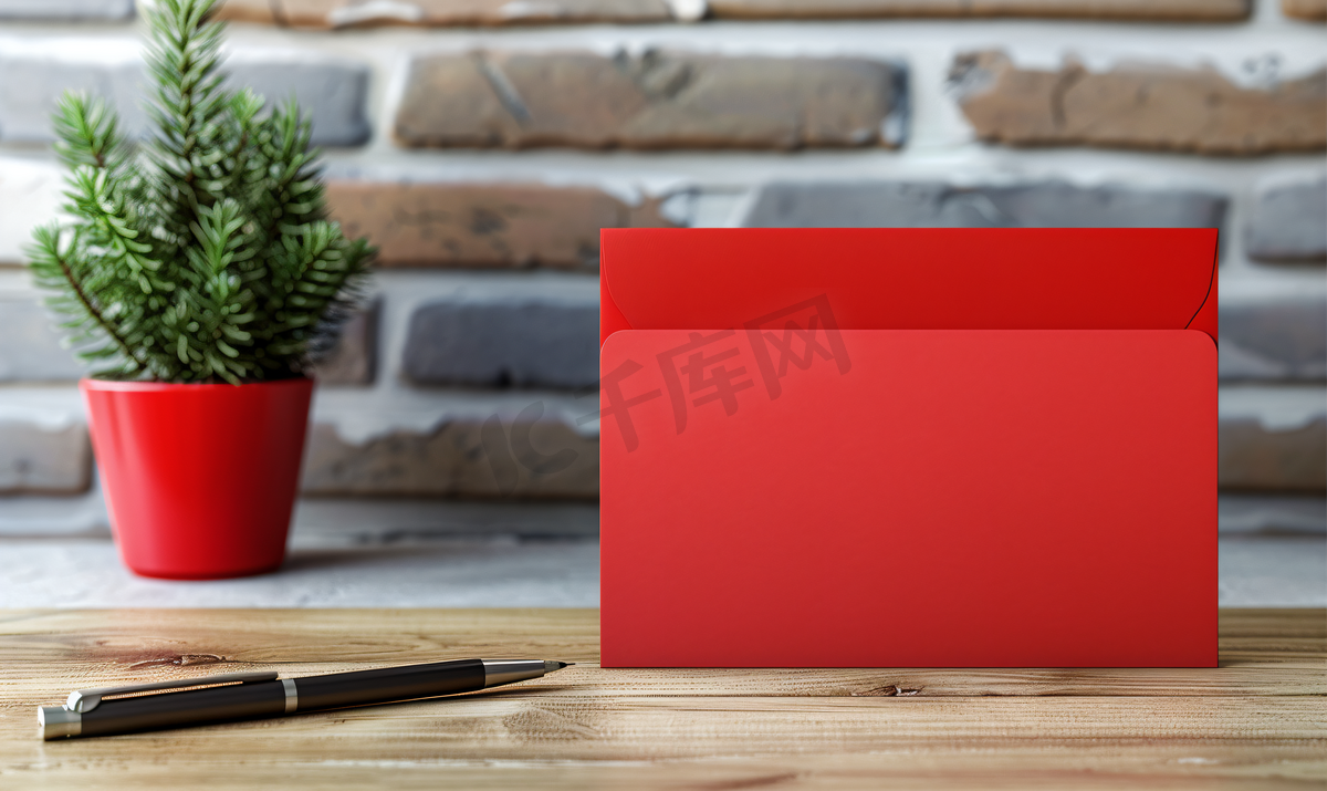 木桌上带信封笔和盆栽植物的红卡模型图片