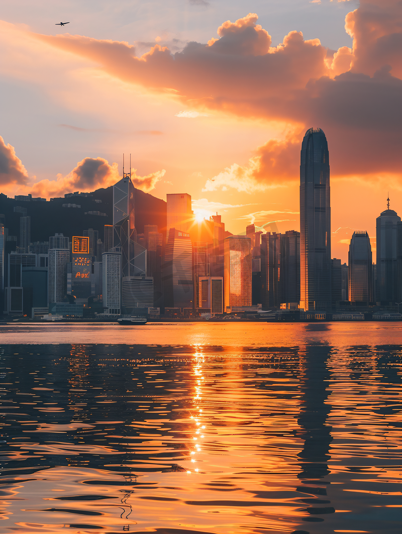 日落时的香港维多利亚湾天际线图片