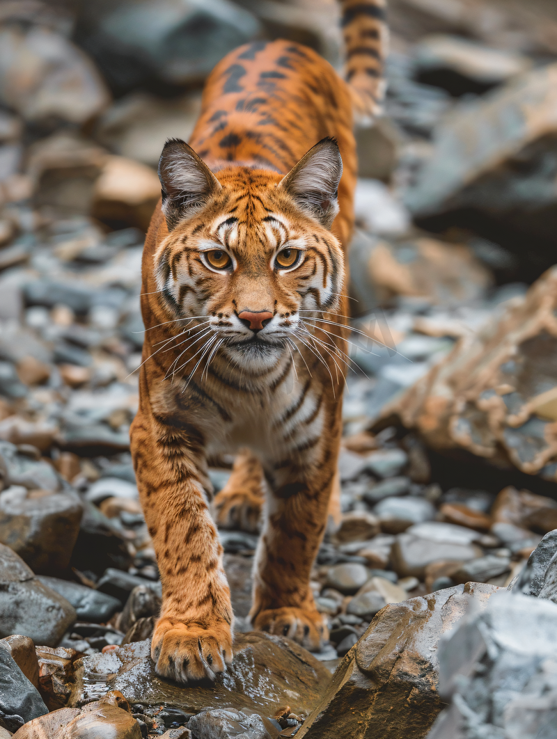 虎脸土猫脸来了绿眼睛耳朵站在岩石地上图片