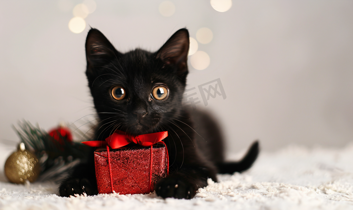 圣诞黑猫与圣诞礼物图片