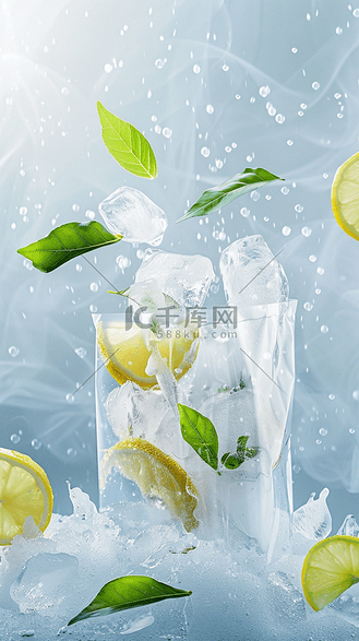 清新夏日冰块水果柠檬背景素材