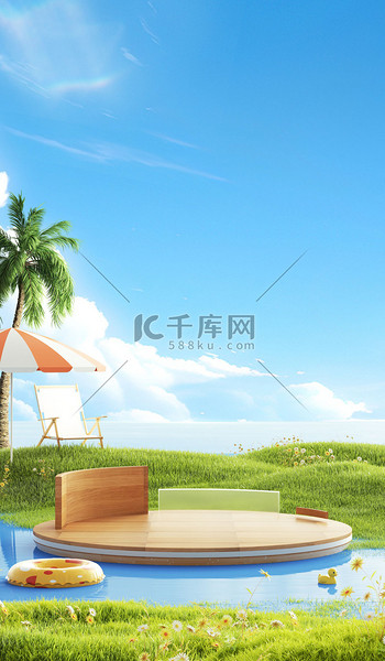 夏天夏季泳池仿真草地清凉3D场景
