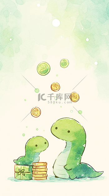 新年水彩风可爱小蛇卡通背景插画
