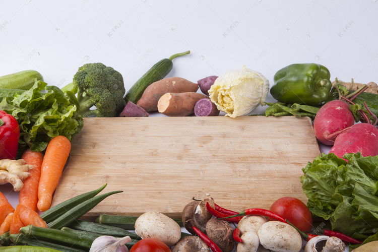 俯拍蔬菜切菜板摄影图配图