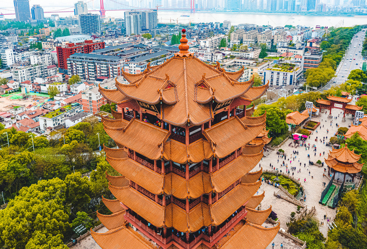 武汉城市建筑晴天建筑黄鹤楼俯视航拍摄影图配图