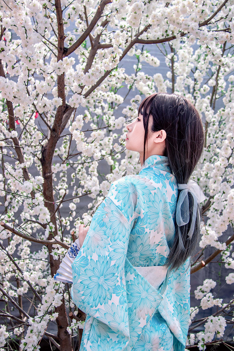 古风美女女孩樱花园赏花摄影图配