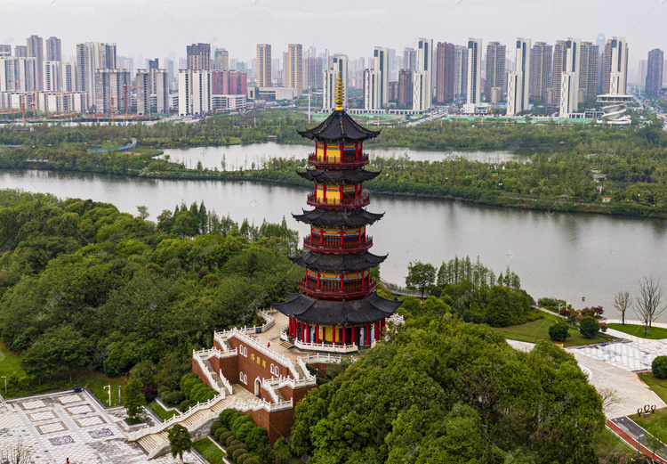 航拍南昌象湖公园万寿塔古塔摄影图配图