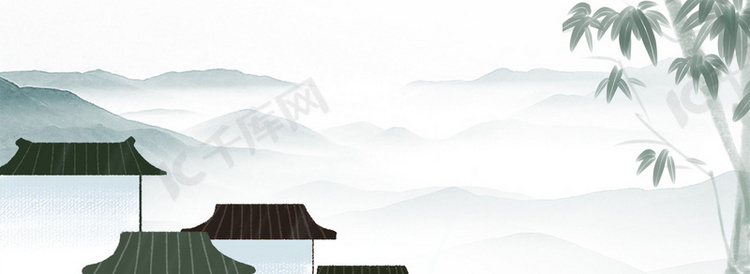 中国风绘画徽式建筑灰色banner
