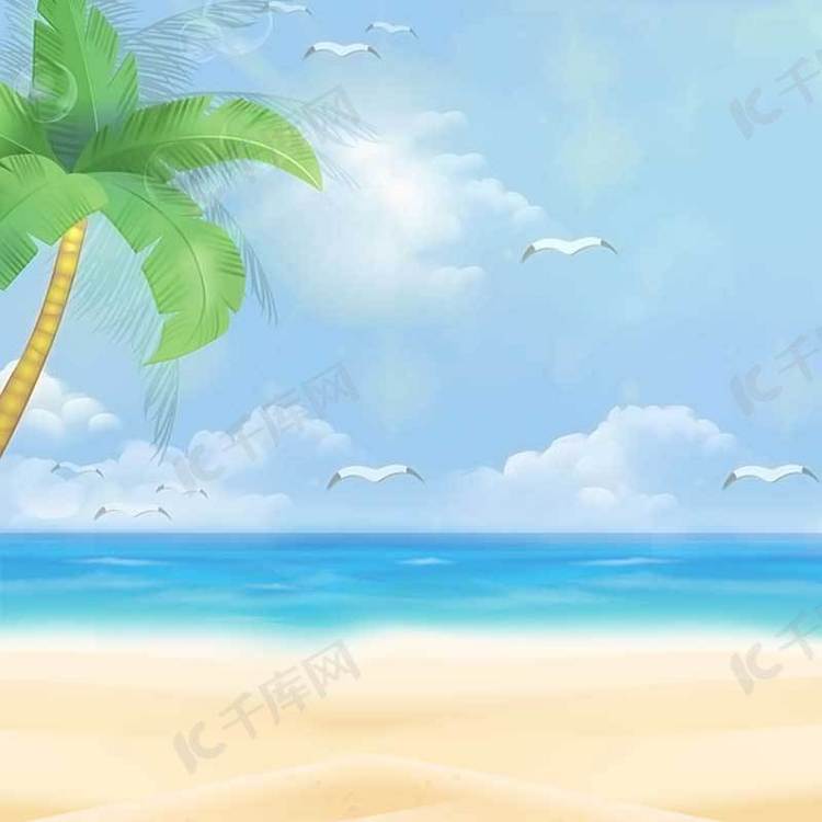 手绘夏日海滩风景旅游平面广告
