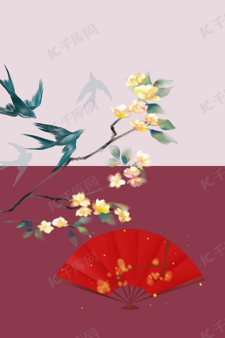和风日本手绘扇子燕子红色激情喜