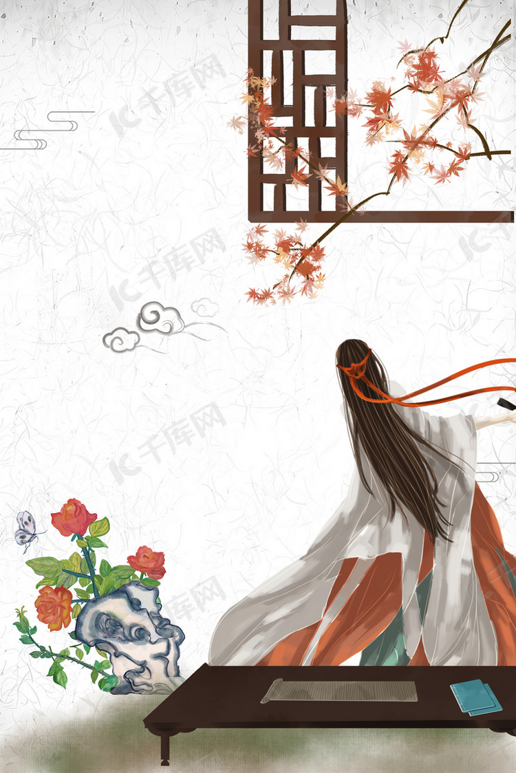 白色手绘中国风地产古典美女背景