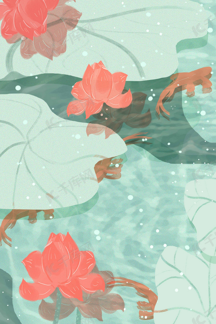 夏天唯美锦鲤荷花池手绘平面背景