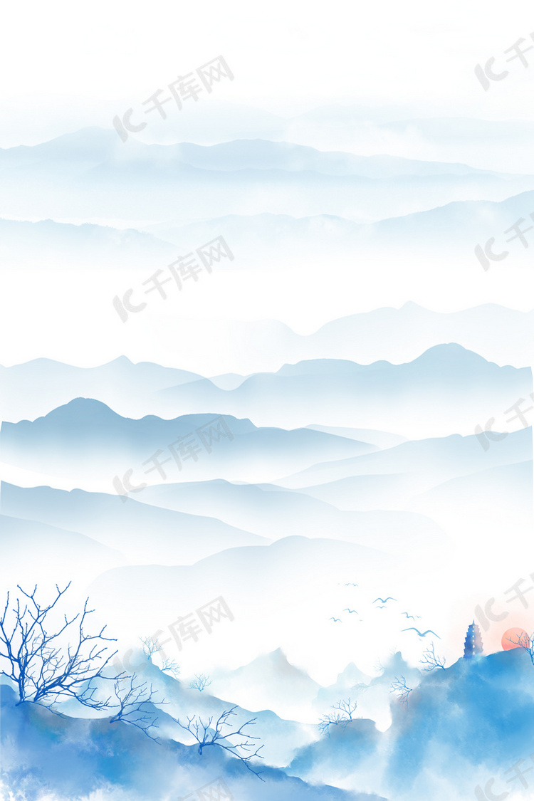 中国风蓝色水墨古风背景素材