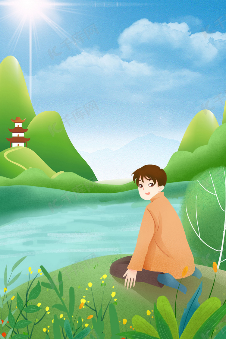 清新手绘湖边玩耍的男孩风景背景