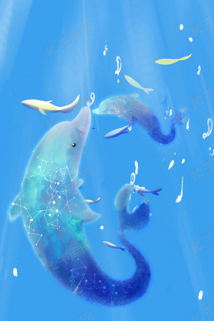 蓝色梦幻海豚影子H5背景素材