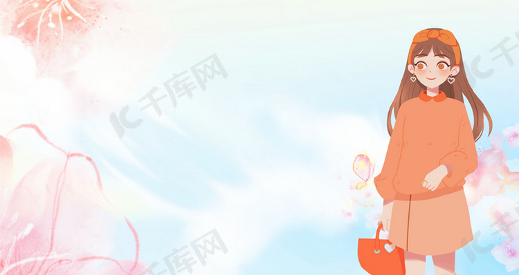 桃花节化妆女生手绘插图蓝banner