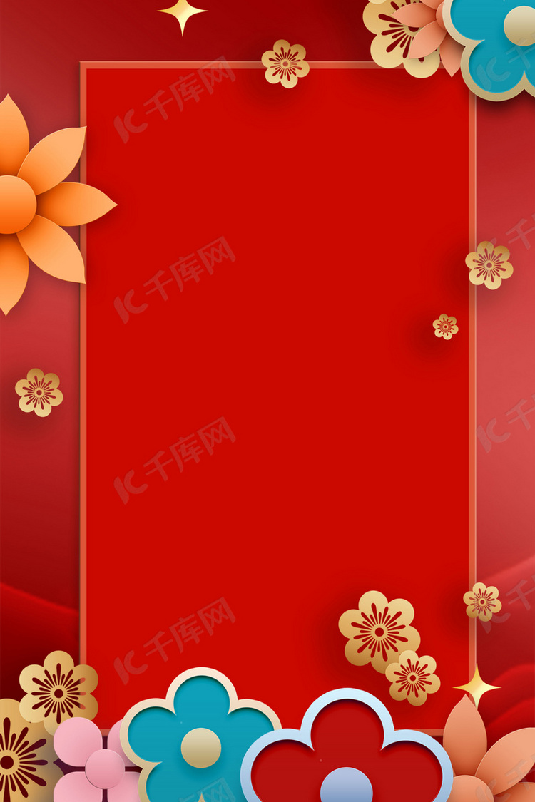 红色清新剪纸风猪年花朵背景