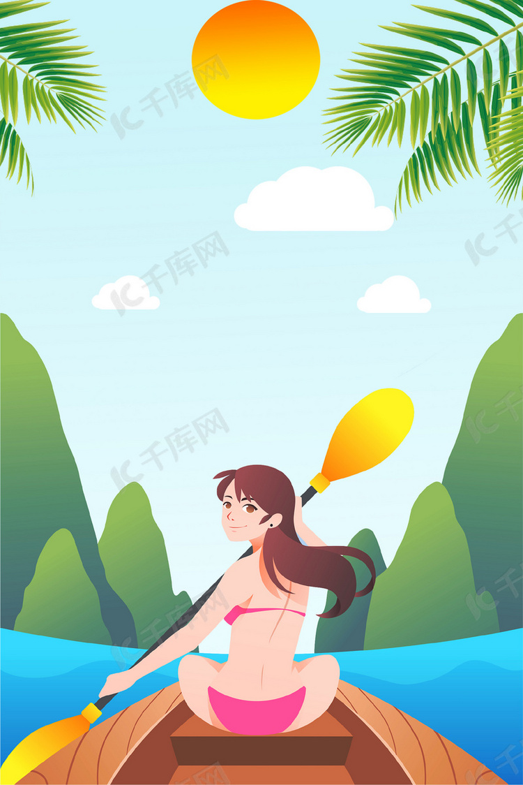 夏季旅行划船女孩清新手绘广告背