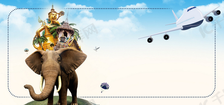 淘宝矢量卡通旅行泰国大象飞机蓝
