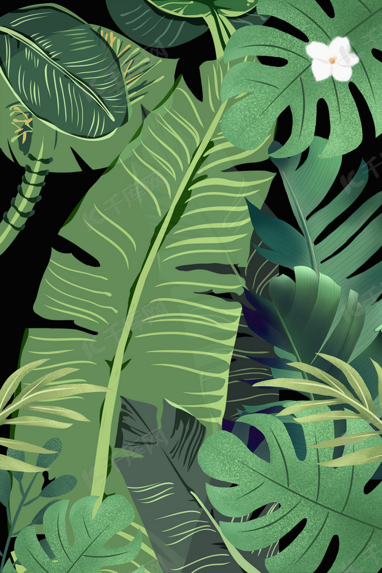 深绿色手绘热带植物小清新背景