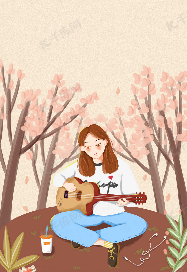 文艺清新花树下弹吉他卡通背景