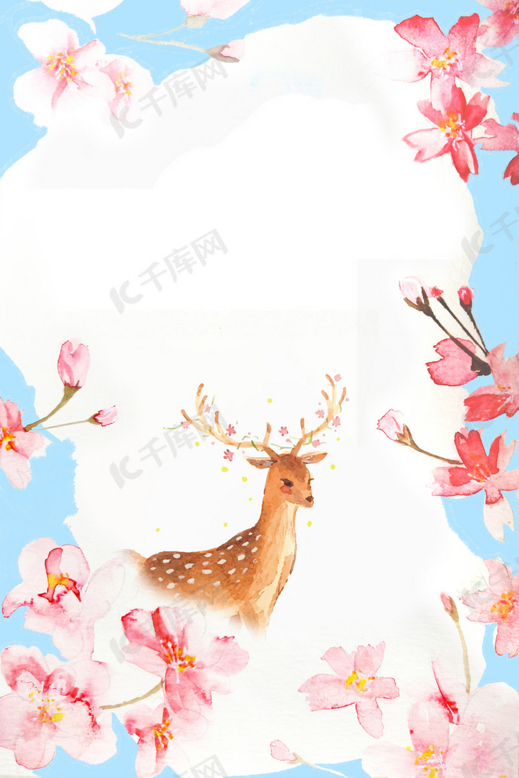 浅色手绘清新春季花卉小鹿背景