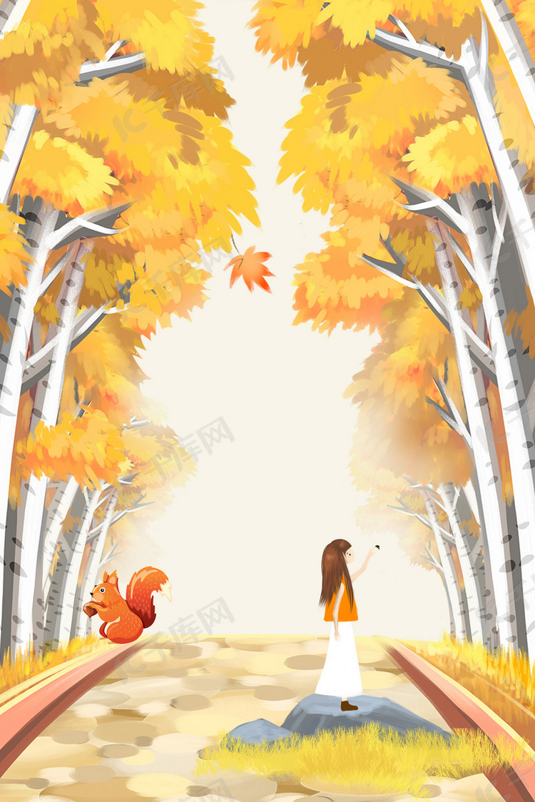 手绘油画质感秋天大树道路