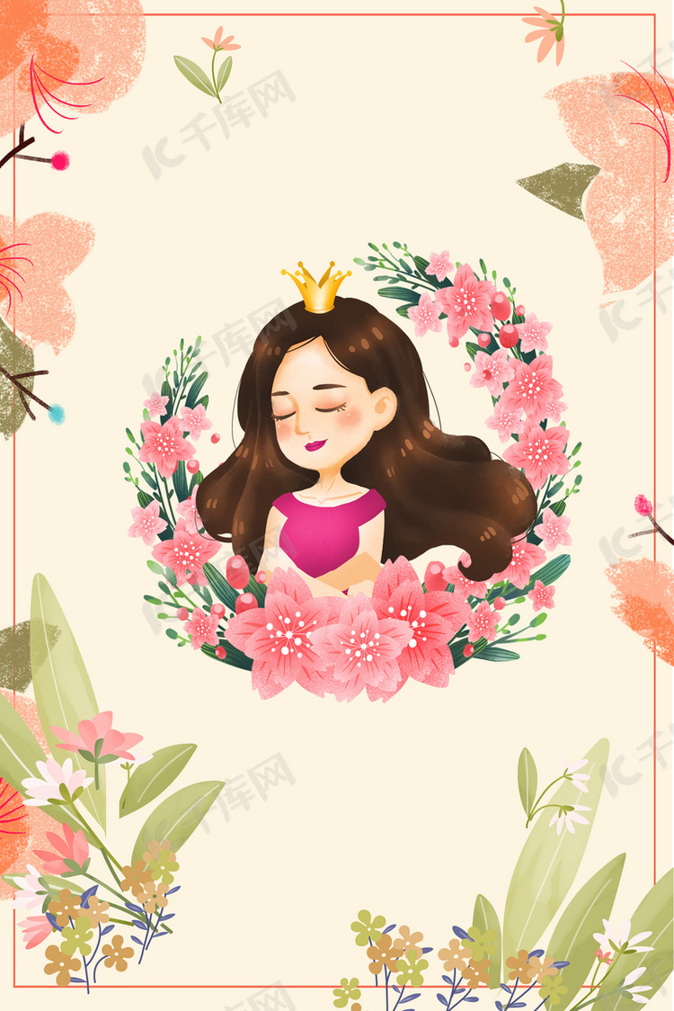 粉色花卉人物女神节海报背景