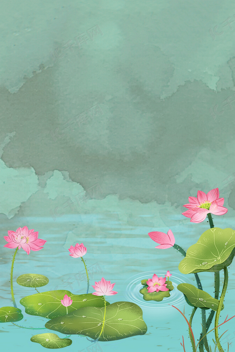 中国风水彩质感纹理荷花池塘文艺
