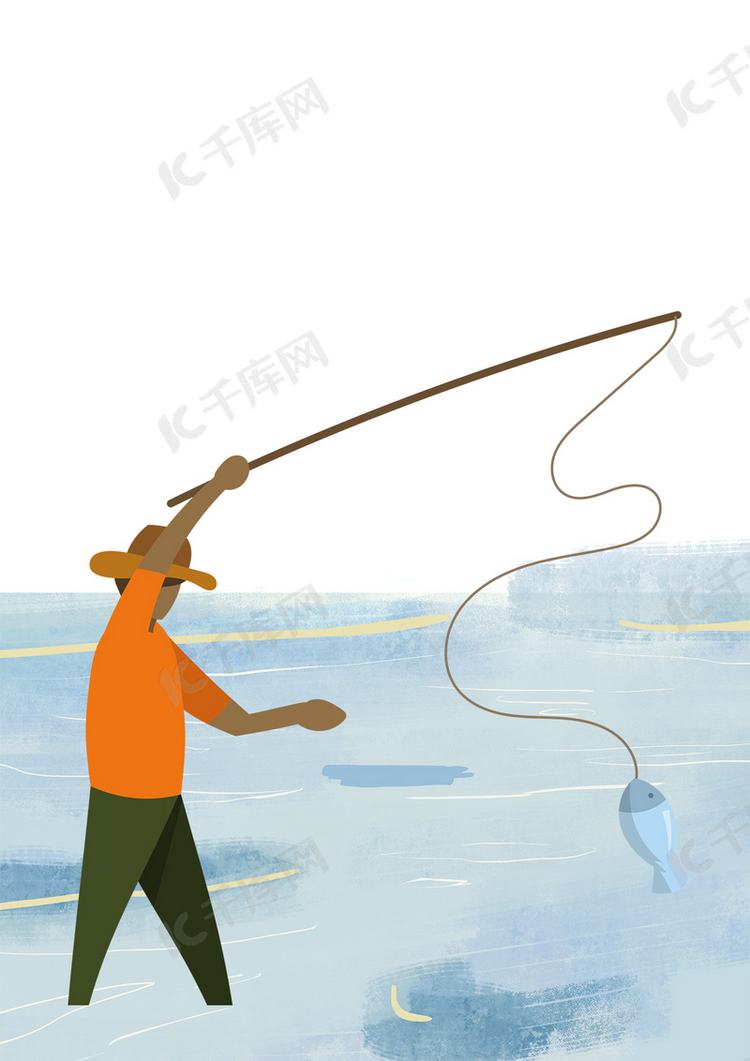 卡通手绘钓鱼鱼竿