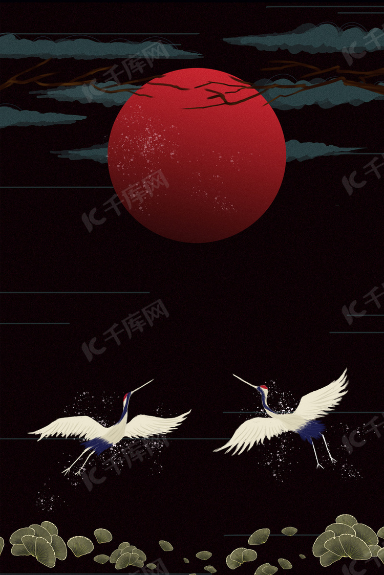 国际中式红日白鹤石头海报
