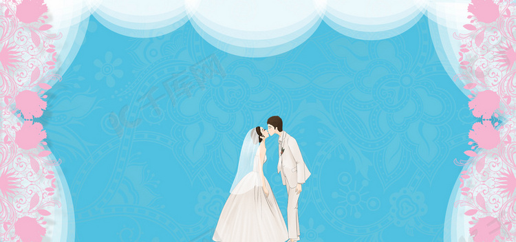 蓝色矢量插画新人婚礼背景素材