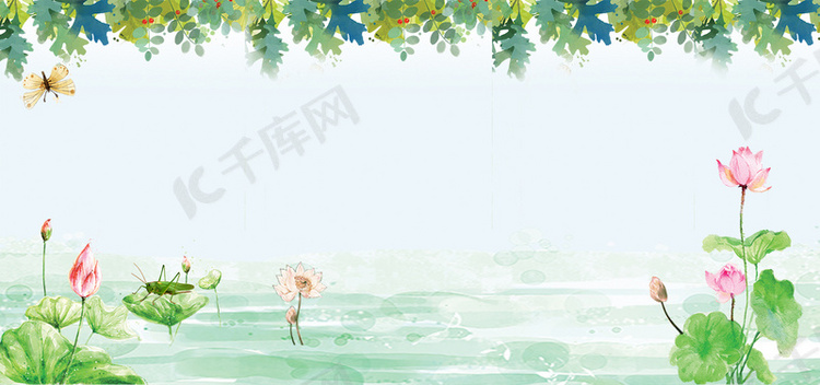 蓝色清新中国风荷花banner