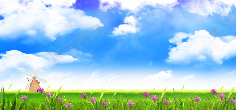 蓝天白云草地鲜花自然背景素材