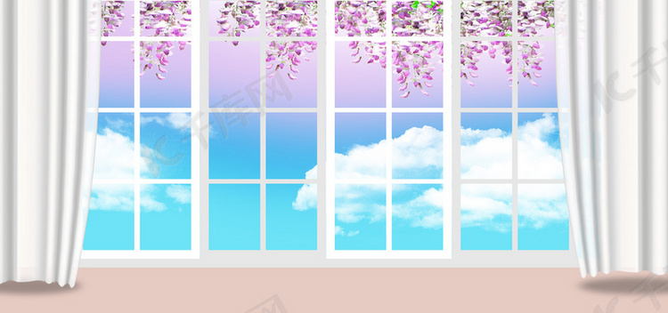 窗台落地窗窗户大气窗紫藤花蓝天